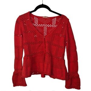 Pilcro Womens Sweater Crochet Open Knit Pointelle Size XS Bell Sleeve Peplum Hem